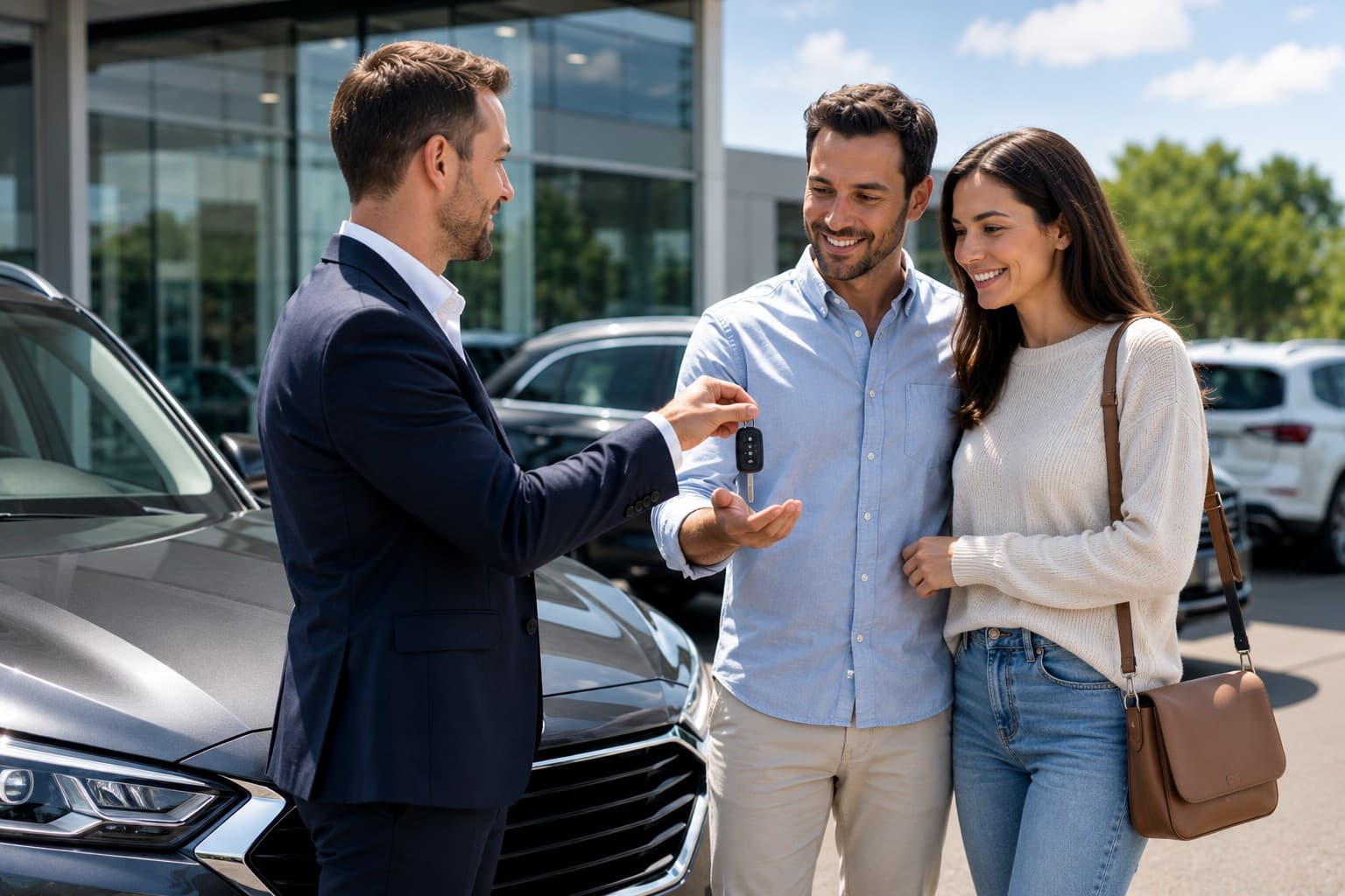 Couple receiving car keys at a dealership