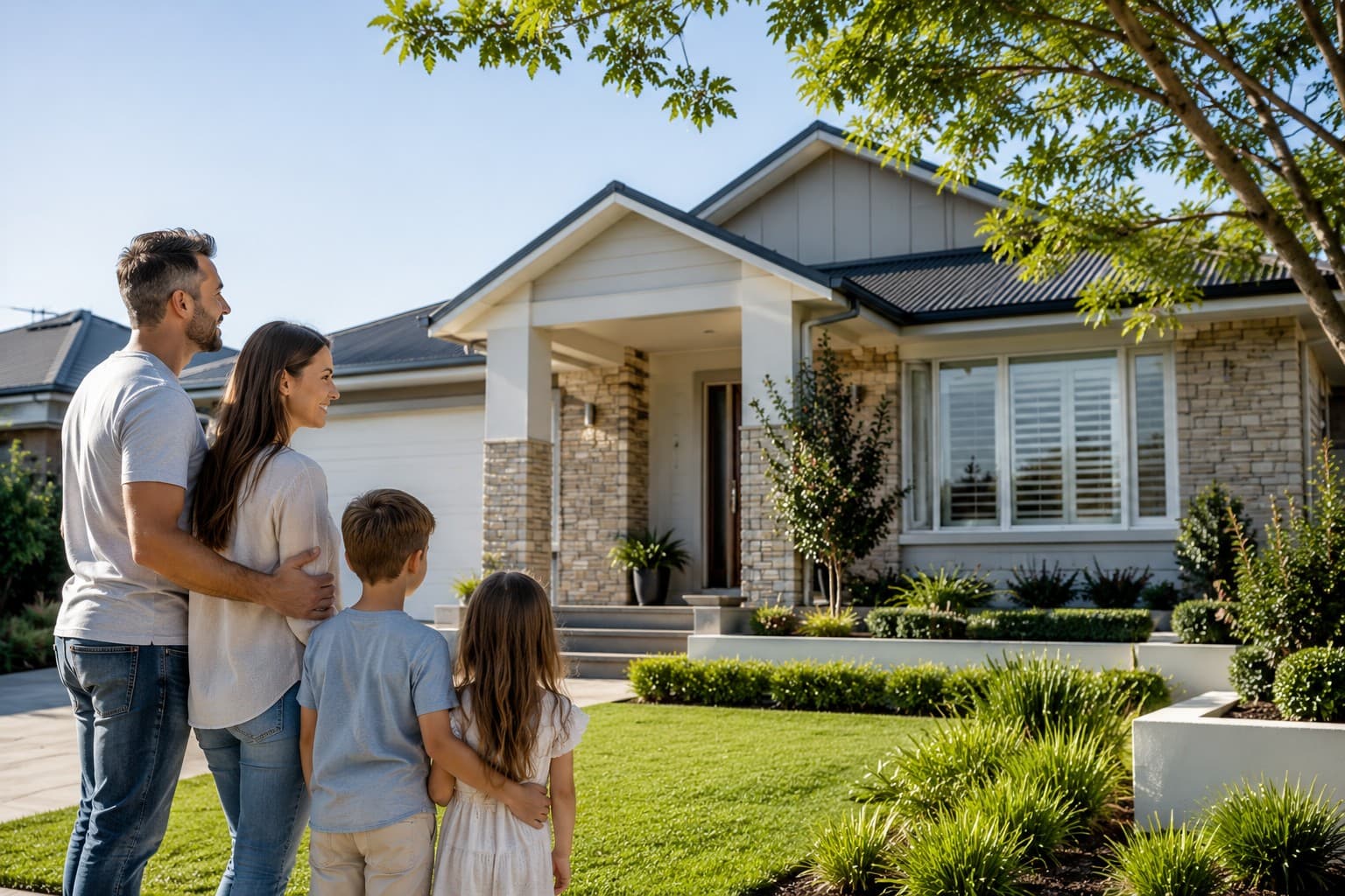 Family standing outside a modern Australian home