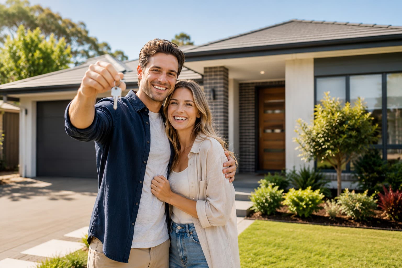 First home buyers standing outside their new home