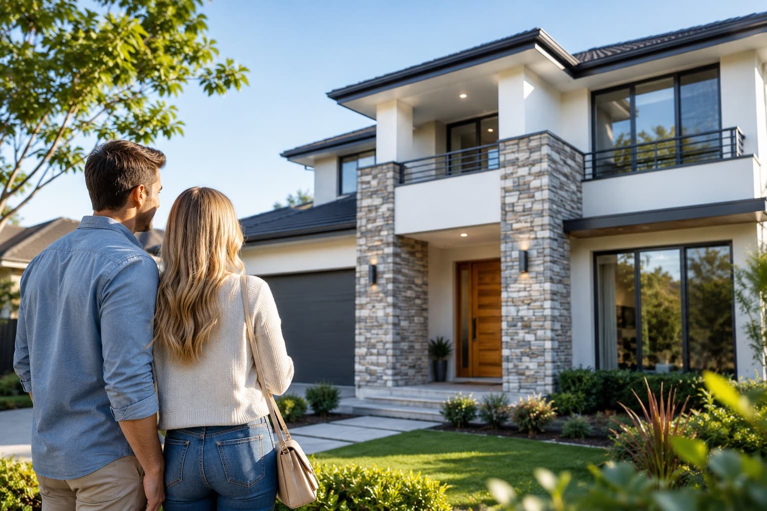 Couple viewing a modern home for property finance