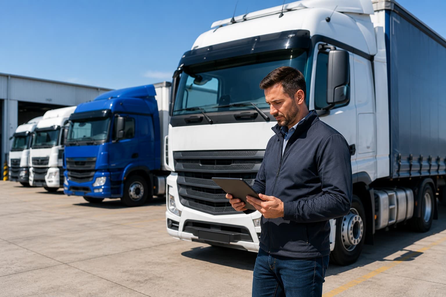 Truck operator reviewing finance options in a transport yard